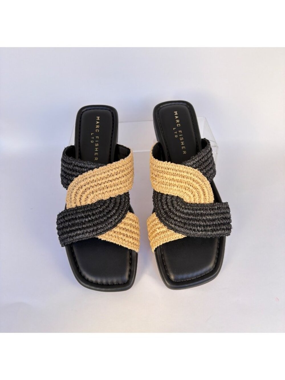 Marc Fisher Navie Slip-On Sandals Raffia Black Natural Slides Size 8.5 - Picture 4 of 12